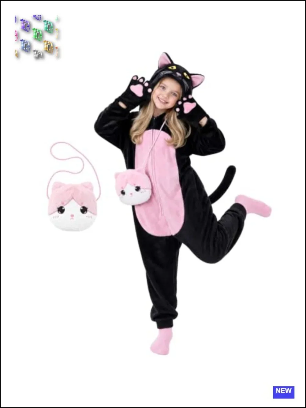 Kids Cat Costume Onesie with Gloves & Purse Bag for Halloween